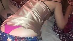 Blonde french amateur doggystyle fuck satin lingerie clothed sex